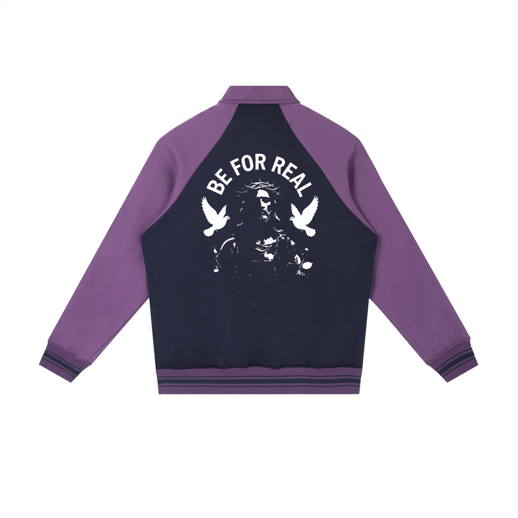 "Be for real" Contrast Raglan Sleeve Baseball Jacket