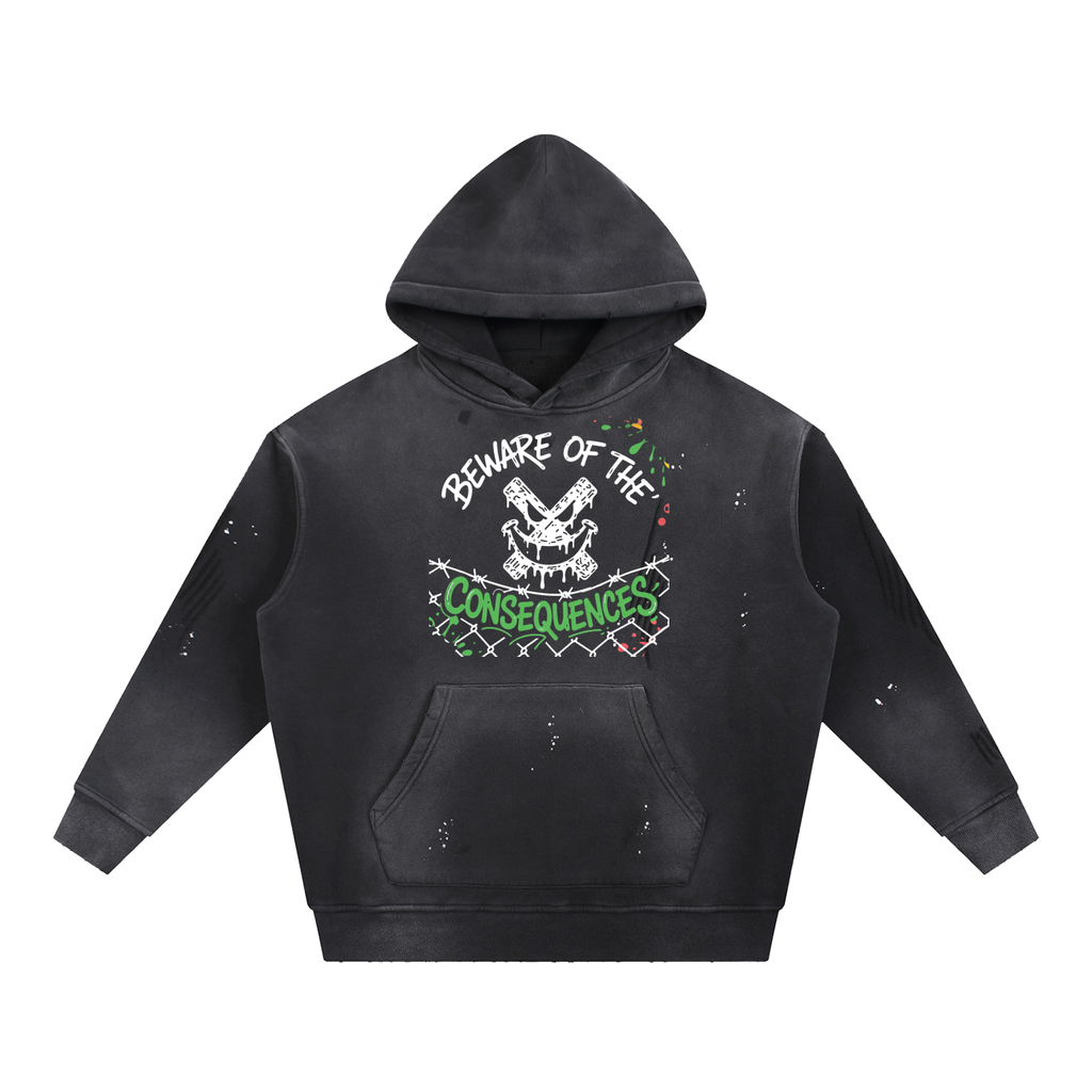 "Beware of the consequences" Vintage Washed Frayed Fleece Hoodie