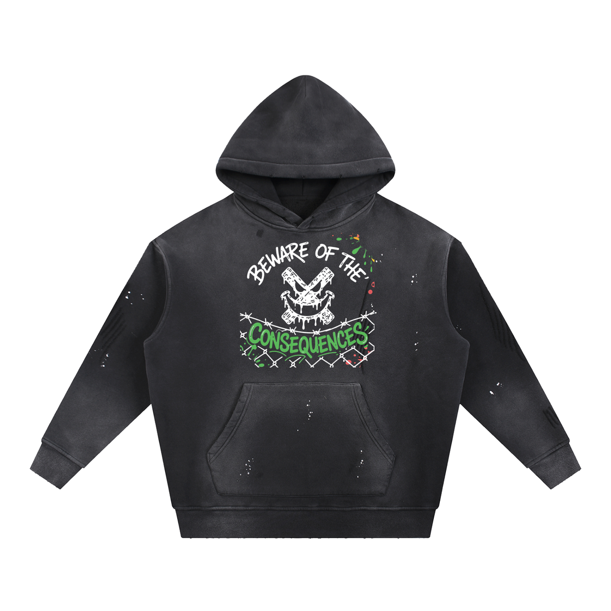 "Beware of the consequences" Vintage Washed Frayed Fleece Hoodie