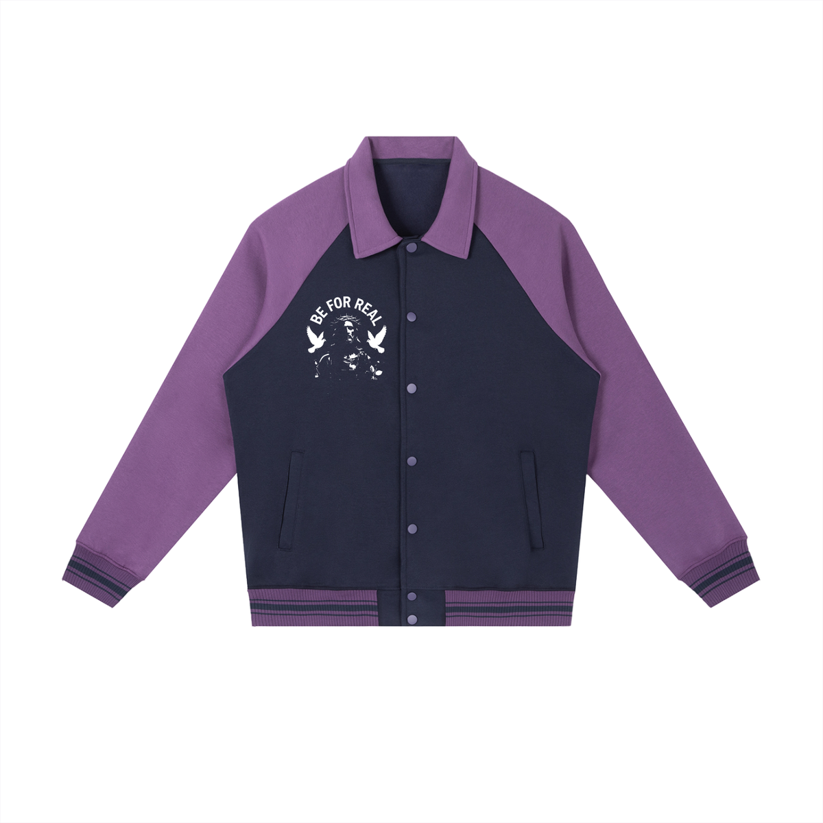 "Be for real" Contrast Raglan Sleeve Baseball Jacket