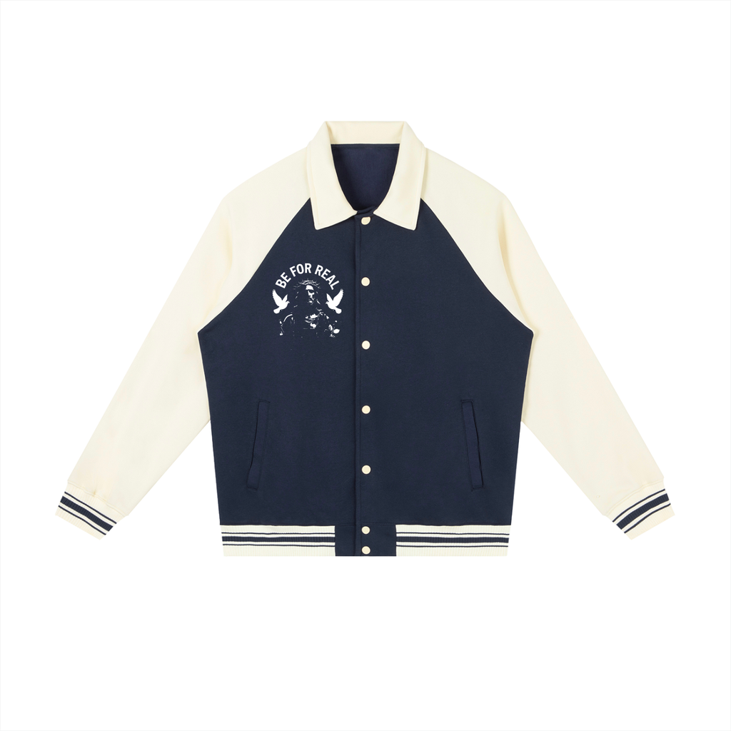"Be for real" Contrast Raglan Sleeve Baseball Jacket